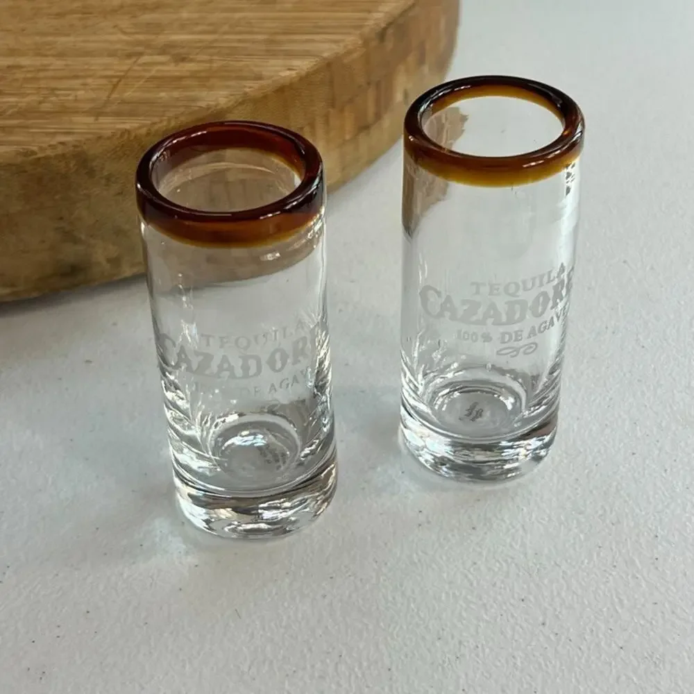 Glass Blown Cazadores Tequila Shot Glasses Amber Rim Thick Glass Set of 2
